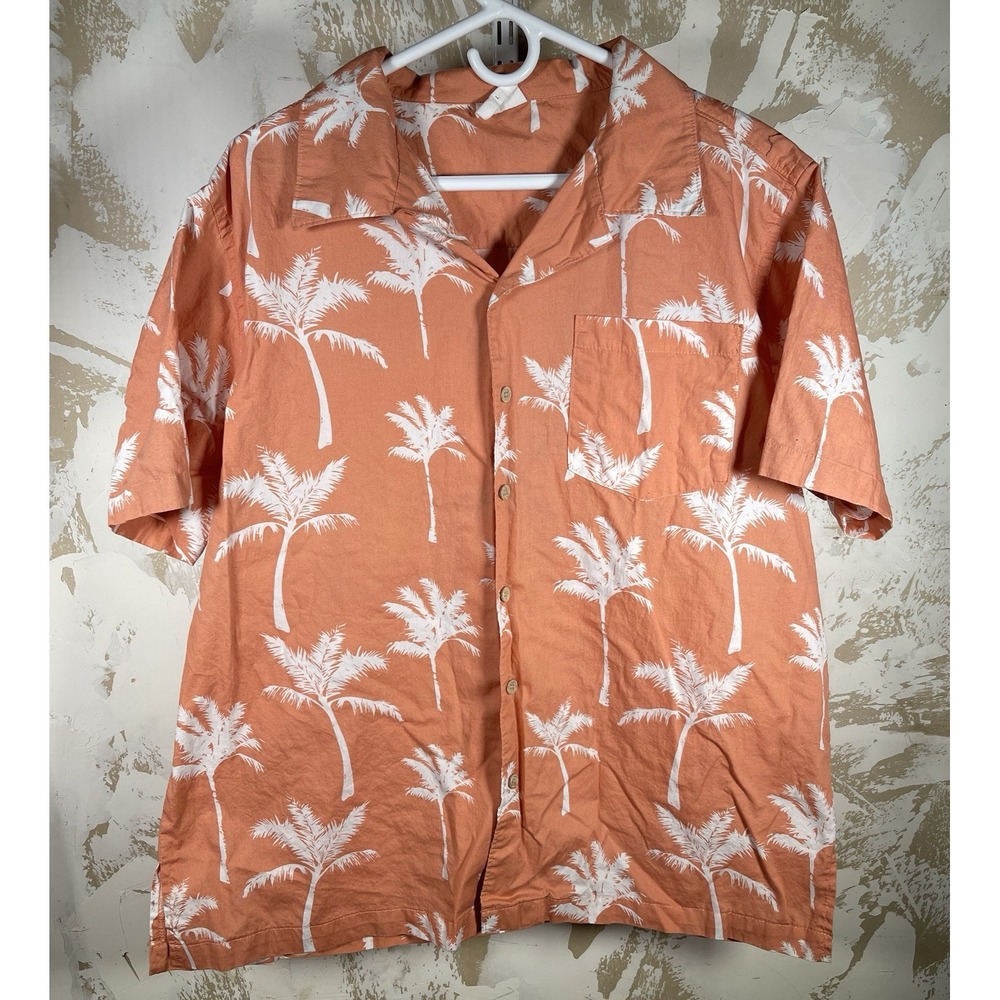 Barefoot in‎ Paradise Hawaiian Shirt L Coral Salmon Palm Tree Aloha Island